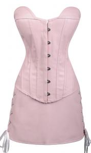 Overbust corset and faux leather pink skirt set with zip, fetish sexy