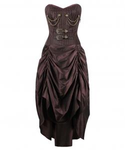 Striped brown satin corset steampunk dress white straps, chains and pleated skirt 300