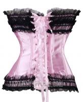 Pink corset with black lace at top and bottom