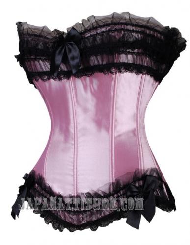 Pink corset with black lace at top and bottom