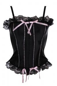 Black overbust corset with straps, lace and pink bows, elegant gothic