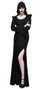 Long black slit hooded dress with long flared sleeves, witchy gothic