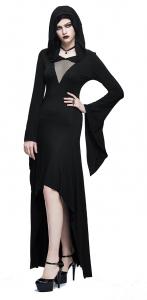 Long asymmetrical black dress with hood and transparent neckline, gothic witchy
