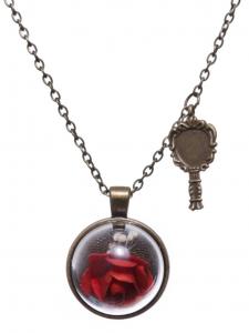 Red rose under dome necklace with small bronze mirror