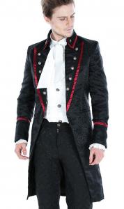 Veste homme noire avec motifs baroques, boutons et bandes rouges, aristocrate vampire