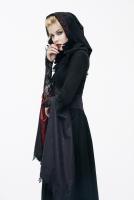 Long black jacket dress with red satin lined, hood and long sleeves, witch vampire