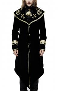 Manteau homme long en velours noir avec broderies et galons dors, lgant aristocrate