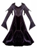 Long medieval gothic dress in black velvet, embroidered borders and lacing