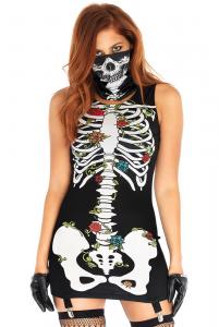 Short black dress with skeleton and flowers, mask and gloves, halloween calavera