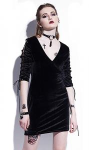 Black velvets dress with large neckline, lacing on the back and sleeves, goth, rock