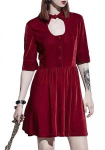 Robe en velours rouge fonc avec ouveture  boutons, style lgant vintage goth
