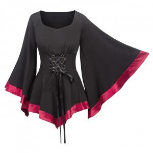 Black Flared Sleeve Lace-up tunic top blouse with pink satin goth witch