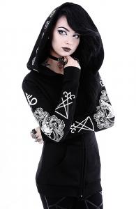 Hooded black jacket with large hood with satanic patterns, Gothic occult witch restyle