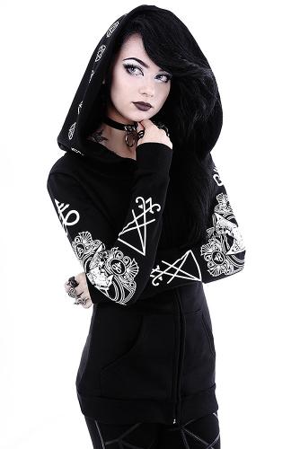 Sweat veste noire  grande capuche avec motifs sataniques, gothique occulte witch restyle