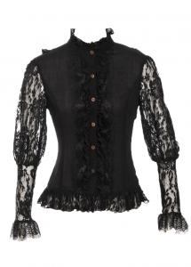 Black lace shirt with frills and gears buttons, steampunk gothic, RQBL