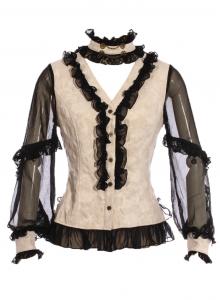 Off-white top with black frills and choker, elegant steampunk gothic, RQBL