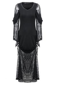 Long black dress with draped flared sleeves and lace, elegant Gothic, Darkinlove