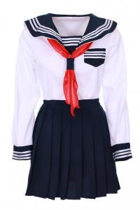 White and dark blue Japanese schoolgirl outfit with red tie, cosplay