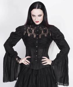 Black shirt with flared sleeves and floral lace neckline, victorian gothic