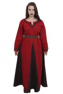 Long red and brown medieval dress, long flared sleeves, medieval larps