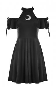 Black skater dress with lace-up sleeves and transparent moon, witchy gothic