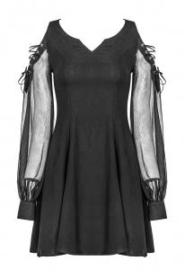 Black V-neck dress with wide transparent lace-up sleeves, elegant casual gothic