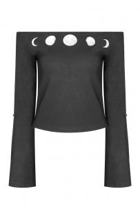 Black bare shoulders top with moons, flared and slit long sleeves, witchy gothic