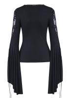 Black top with long flared sleeves, lace-up and embroidery, elegant Gothic, Darkinlove