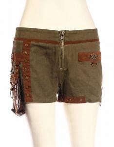 Brown and khaki cropped shorts, with pocket and gear, steampunk RQBL