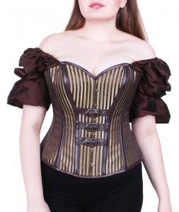 Golden striped overbust corset with satin sleeves, steel bones, steampunk