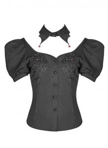Lilith black shirt with embroidery, balloon sleeves and removable bat collar, Punk Rave