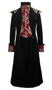 Black and red velvet long jacket, embroidered golden baroque patterns, aristocratic gothic