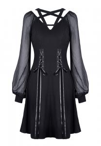 Pentagram strap black dress with lace-up and puff sleeves, witchy nugoth