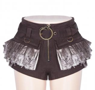 Tattered frilly brown denim shorts with belt, steampunk, Punk Rave