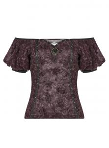 Brown bare shoulders top with lace-up and puffed sleeves, steampunk, Punk Rave