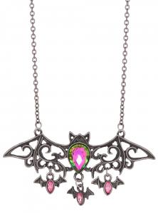 Silver bat necklace and pink colored rhinestone stones