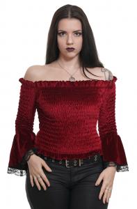 Top bare shoulders in elastic red velvet, flared sleeves, elegant medieval