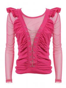 Pink top with large neckline, frills and chains, transparent long sleeves, rock
