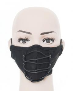 Black fabric reusable mask with decorative lace-up