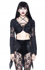 Black embroidered neckline crop top with flower, flared lace sleeves, elegant Gothic
