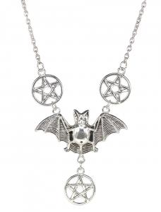Silver bat necklace with pentacles, goth witch