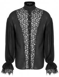 Black wide man shirt, transparent lace and frills, elegant gothic, Punk Rave