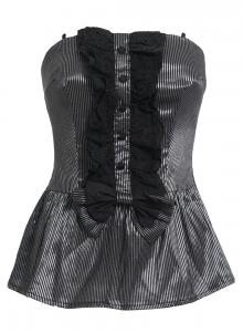 Shiny black and gray bustier, black lace and bow at the front, elegant Gothic