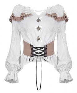 White steampunk top with puff sleeves, lace-up and frills belt, Darkinlove