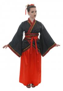 Black and red satin kimono with floral patterns border and belt, traditional Chinese