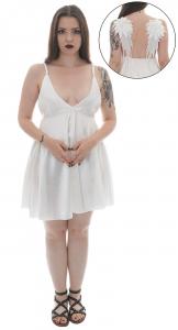 White satin nightie sleepwear with large neckline and embroidered angel wings on the back