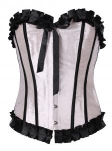 Off-white satin corset with black frills and bow, elegant burlesque