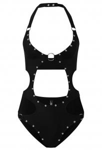 Black Satin bodysuit with studded straps and openings, KILLSTAR, sexy fetish glam rock