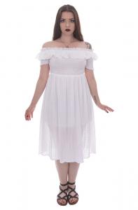 Long white bare shoulders dress with frills and elastic waist