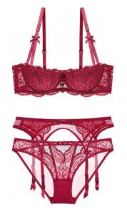 3pcs red wine lace lingerie set, bra, garter belt and panty sexy underwear